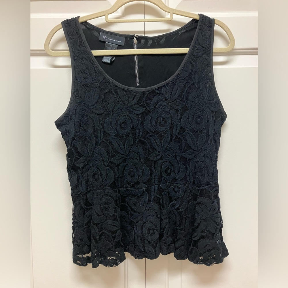 INC sleeveless, scoop neck lace top, peplum, black, L